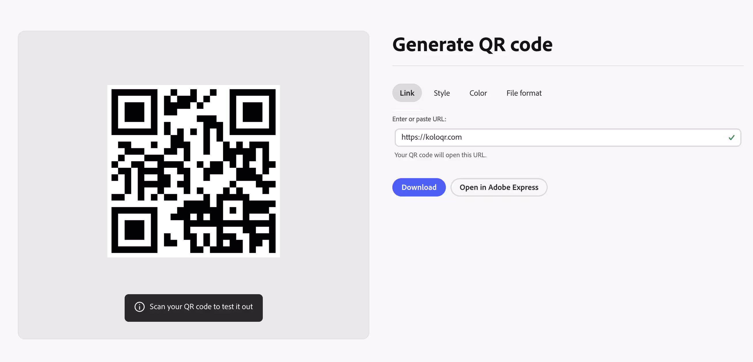 Adobe Express QR code generator showing a plain black square QR code beside a URL field, the Link, Style, Color and File format tabs, and Download and Open in Adobe Express buttons