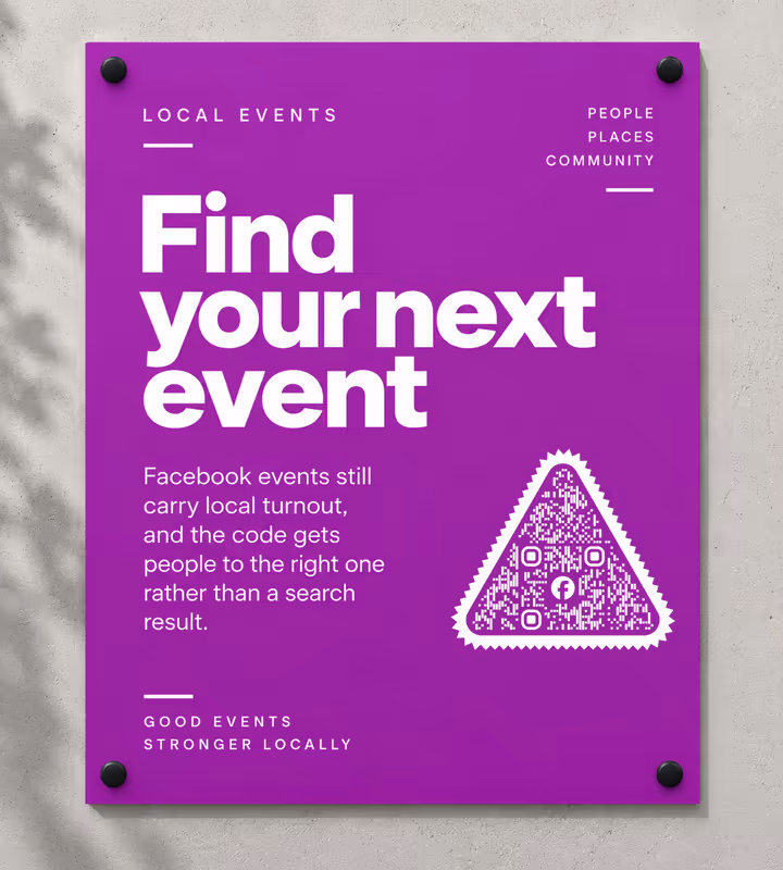 A purple “Find your next event” panel with a white triangular QR code, bolted to a concrete wall in dappled shade