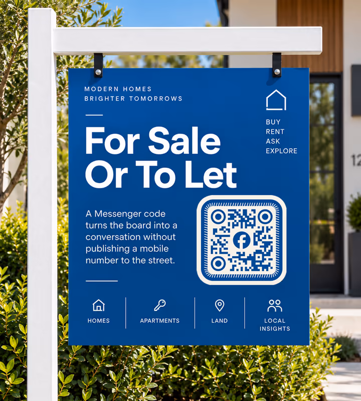 A blue “For sale or to let” board with a white rounded QR code, hanging from a post outside a modern house