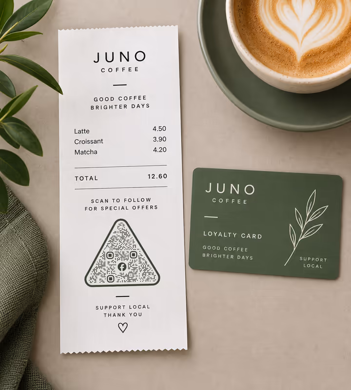 A coffee shop receipt reading “Scan to follow for special offers” with a triangular QR code, beside a green loyalty card and a cappuccino
