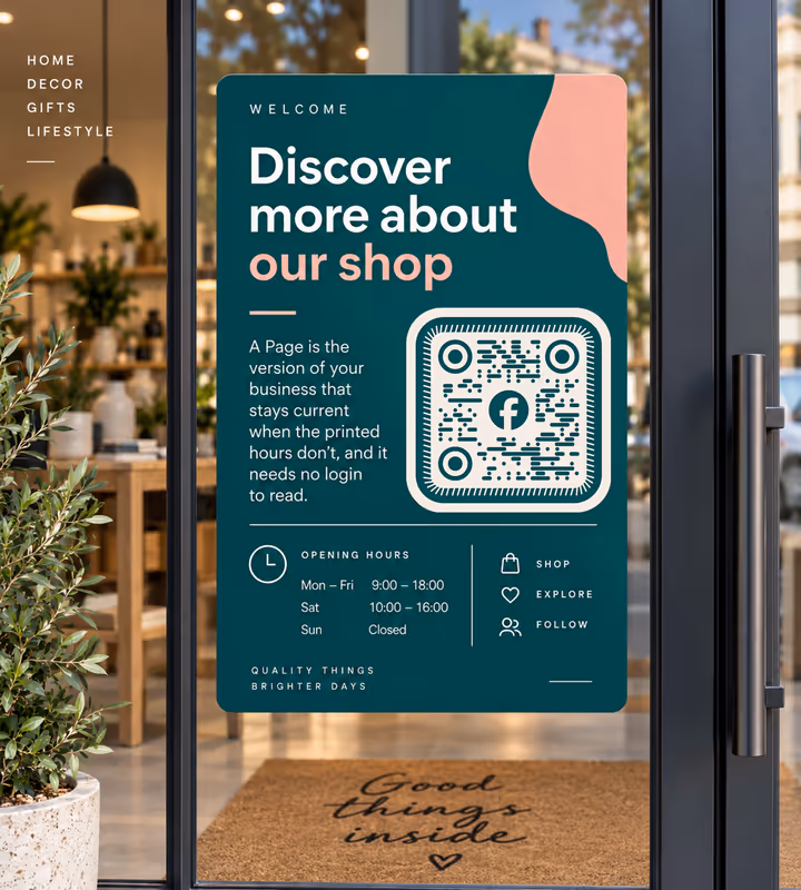 A dark green “Discover more about our shop” poster with a white rounded QR code and opening hours, taped inside a shop's glass door