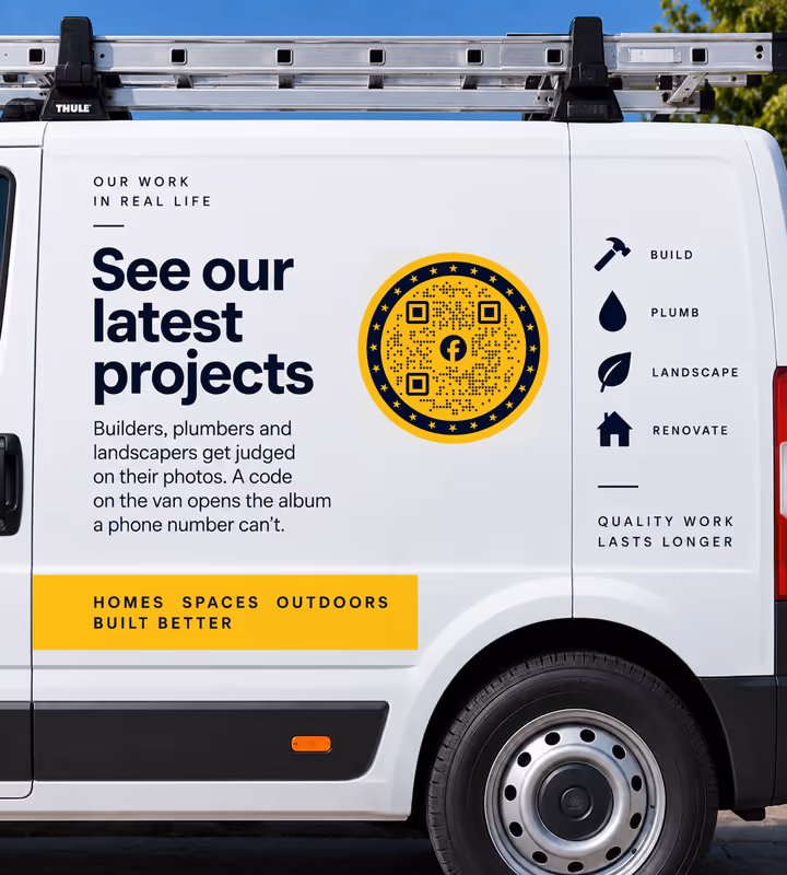 The side of a white trades van lettered “See our latest projects” with a yellow circular QR code, a ladder on the roof rack