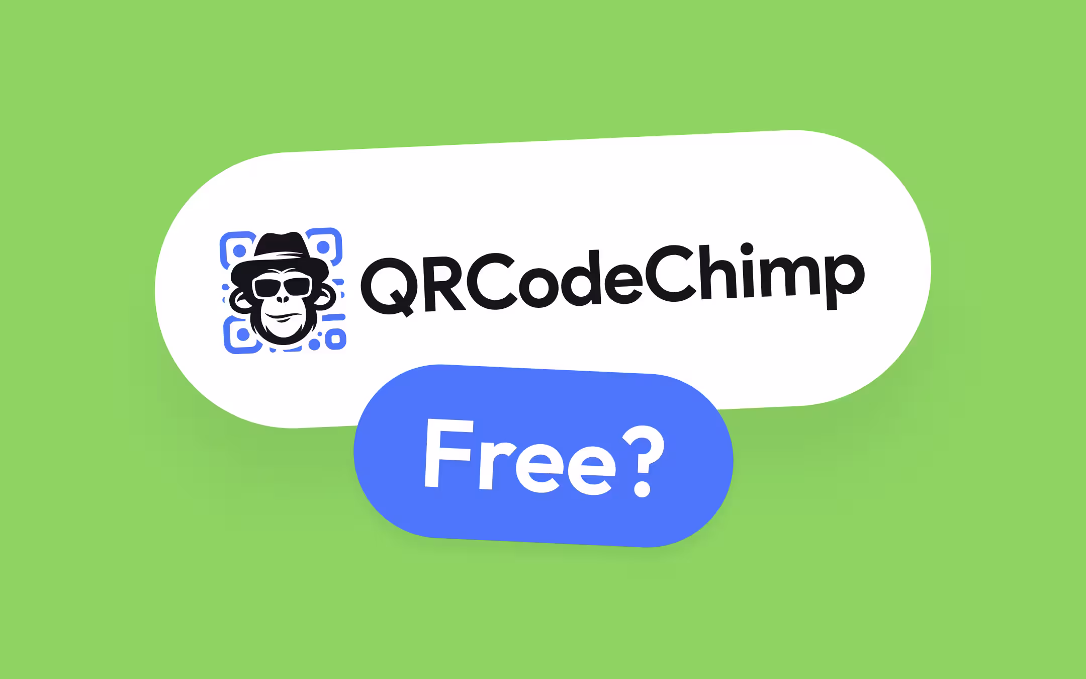 QRCodeChimp का वर्डमार्क, उसके बग़ल में उसका लोगो - नीले QR फ़्रेम के भीतर टोपी और धूप के चश्मे वाला चिंपैंज़ी - हरी पृष्ठभूमि पर सफ़ेद गोल पट्टी में, और नीचे "Free?" लिखी नीली पट्टी।