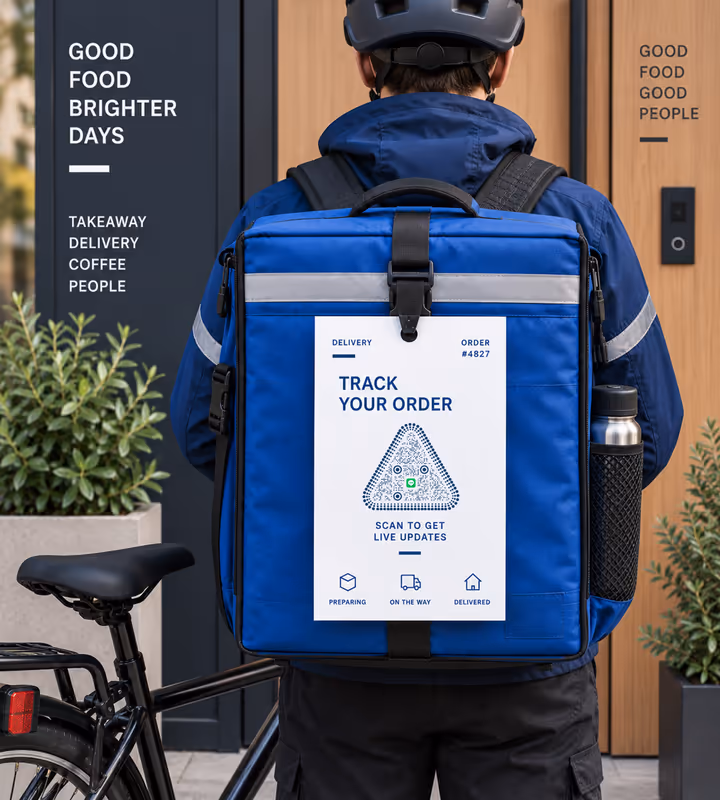 A blue delivery backpack with a “Track your order” panel and a triangular QR code, worn by a courier standing at a doorway