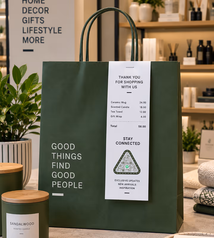 A green paper shopping bag carrying a receipt-style “Stay connected” tag with a triangular QR code, in a homeware shop