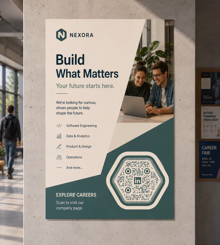 A recruitment poster headed “Build what matters” with a hexagonal QR code and a list of open roles, on a wall in an office atrium