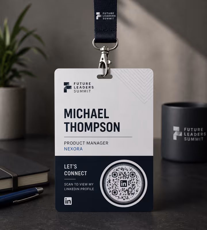 A conference name badge on a lanyard reading “Let's connect - scan to view my LinkedIn profile” with a circular QR code, on a dark desk