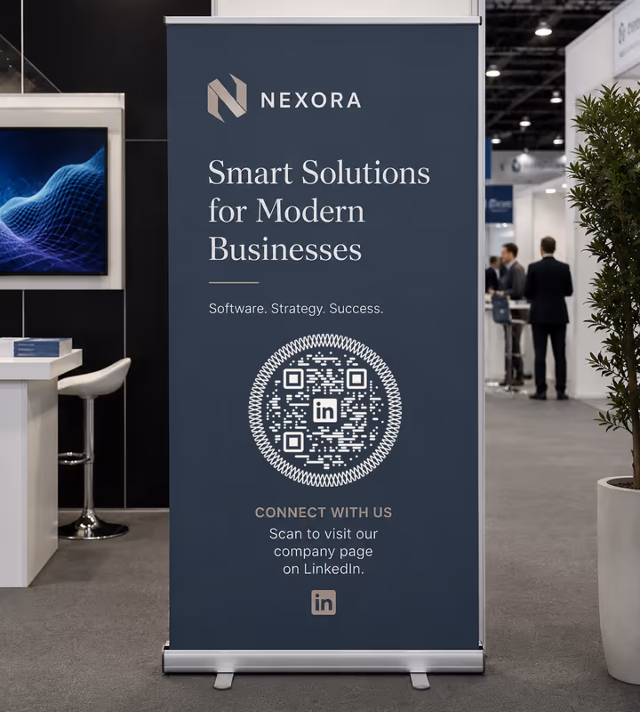A navy roll-up banner reading “Scan to visit our company page on LinkedIn” with a circular QR code, at a trade show stand