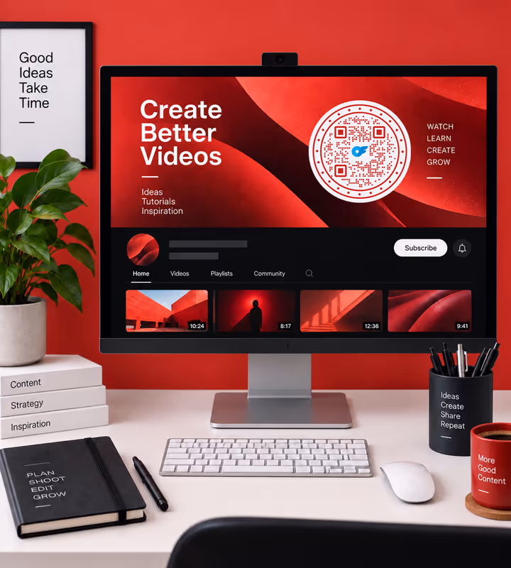 A monitor showing a red channel banner headed “Create better videos” with a circular QR code, on a desk against a red wall