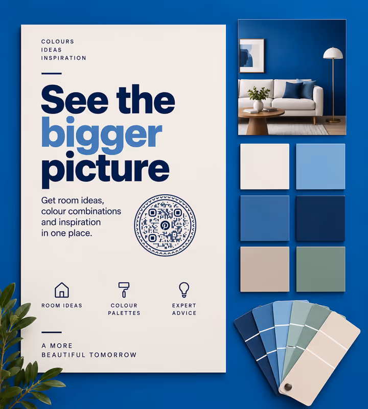 A cream “See the bigger picture” card with a circular QR code, on a blue background with paint swatches and a colour fan deck