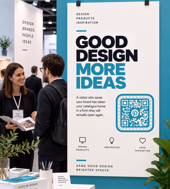 A white and teal exhibition banner headed “Good design, more ideas” with a square QR code, two visitors talking in front of it