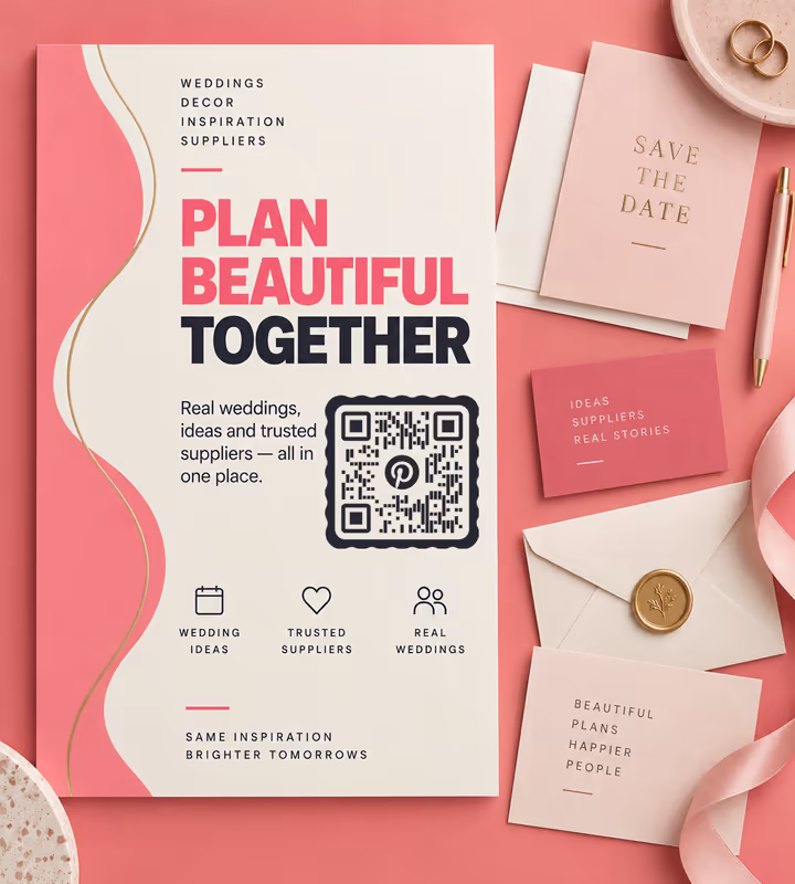 A pink and cream “Plan beautiful together” card with a square QR code, among wedding stationery and a wax-sealed envelope