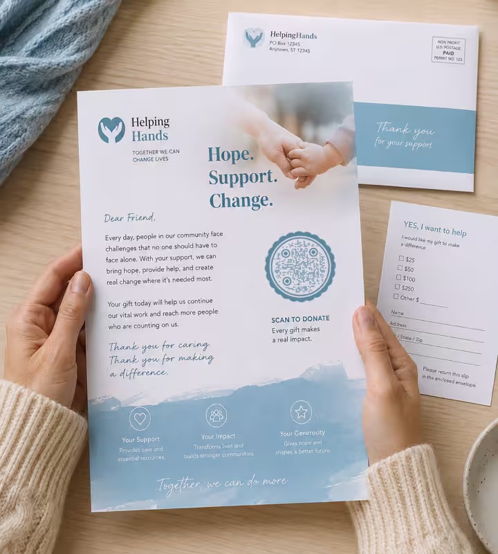 Hands holding a blue appeal letter reading “Hope. Support. Change.” with a round QR code marked “Scan to donate”, beside the reply envelope and a donation slip with amount boxes