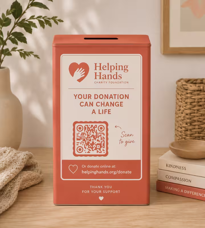 A terracotta collection tin on a shelf reading “Your donation can change a life”, with a square QR code, a handwritten “Scan to give” and the donation web address below