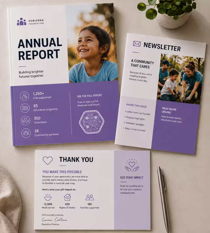 A purple annual report cover with the year's impact figures and a hexagonal QR code marked “See the full report”, beside a newsletter and a thank-you card with its own code