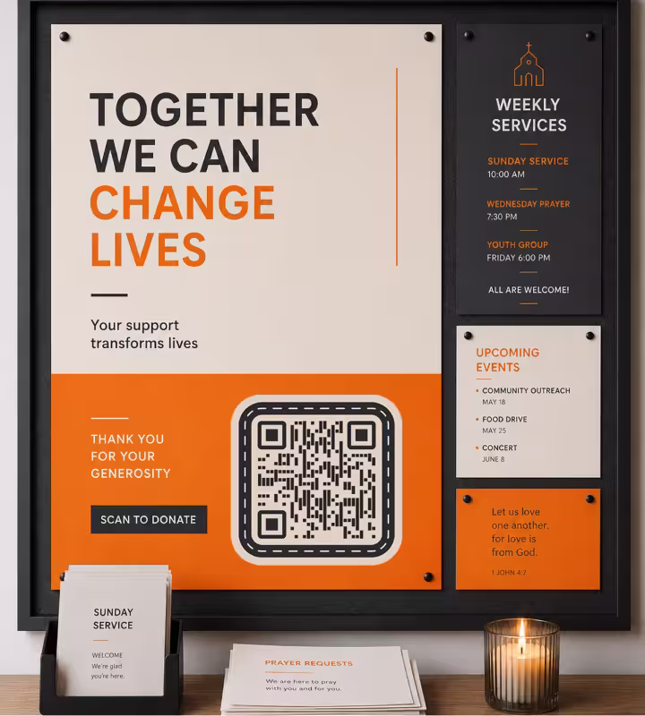 A framed noticeboard with an orange poster reading “Together we can change lives” and a large square QR code marked “Scan to donate”, beside panels for the weekly services and upcoming events