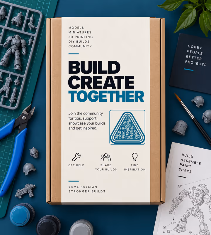 A model kit box headed “Build, create, together” with a blue triangular QR code, among sprues, clippers, a brush and paint pots