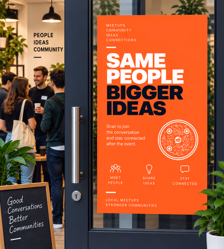 An orange poster reading “Scan to join the conversation and stay connected after the event” with a white circular QR code, on the glass door of a busy venue