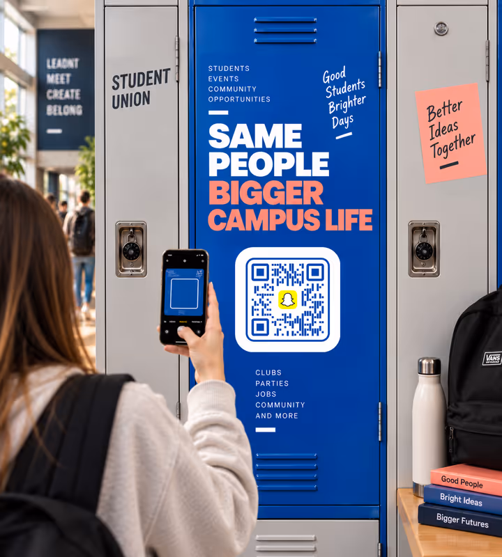 A blue student-union locker wrap reading “Same people, bigger campus life” with a white square QR code, a student scanning it