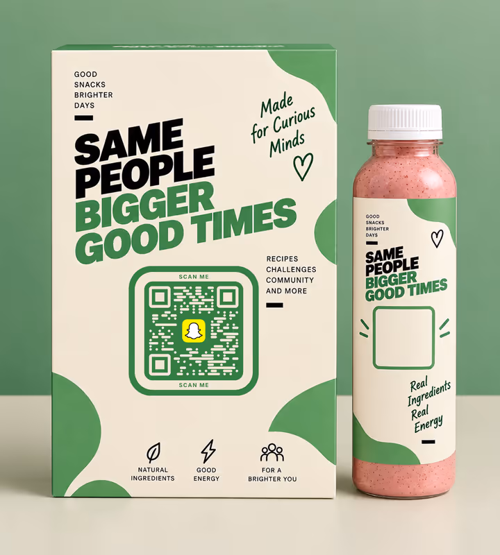 A cream and green snack box and smoothie bottle reading “Same people, bigger good times” with a green square QR code