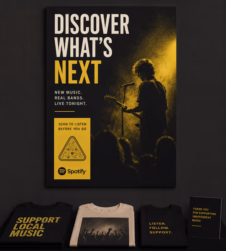 A black gig poster headed “Discover what's next” with a yellow panel, a triangular QR code and “Scan to listen before you go”, folded band T-shirts below