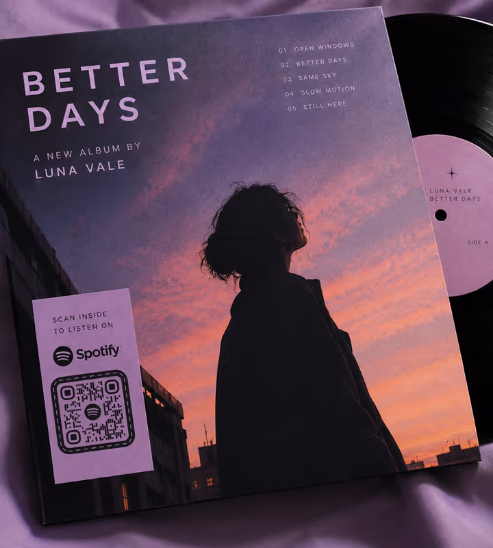 A vinyl sleeve for the album “Better Days” with a “Scan inside to listen on Spotify” sticker and a square QR code, the record half drawn out