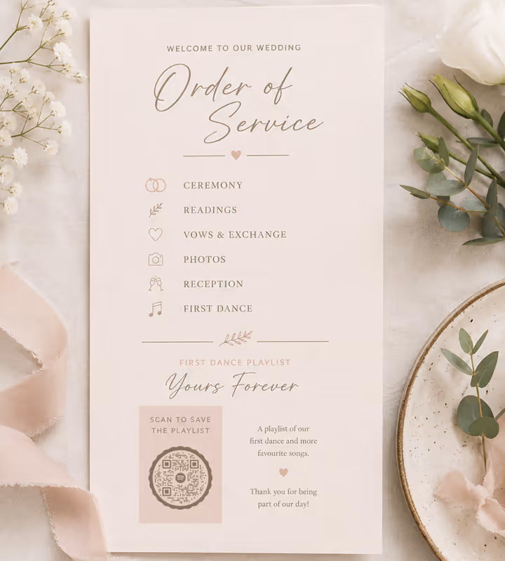 A wedding order of service with a “Scan to save the playlist” panel and a circular QR code, laid on linen with ribbon and eucalyptus