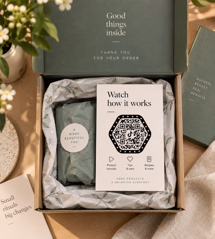 A white “Watch how it works” insert card with a black hexagonal QR code, sitting in an opened gift box lined with printed tissue paper