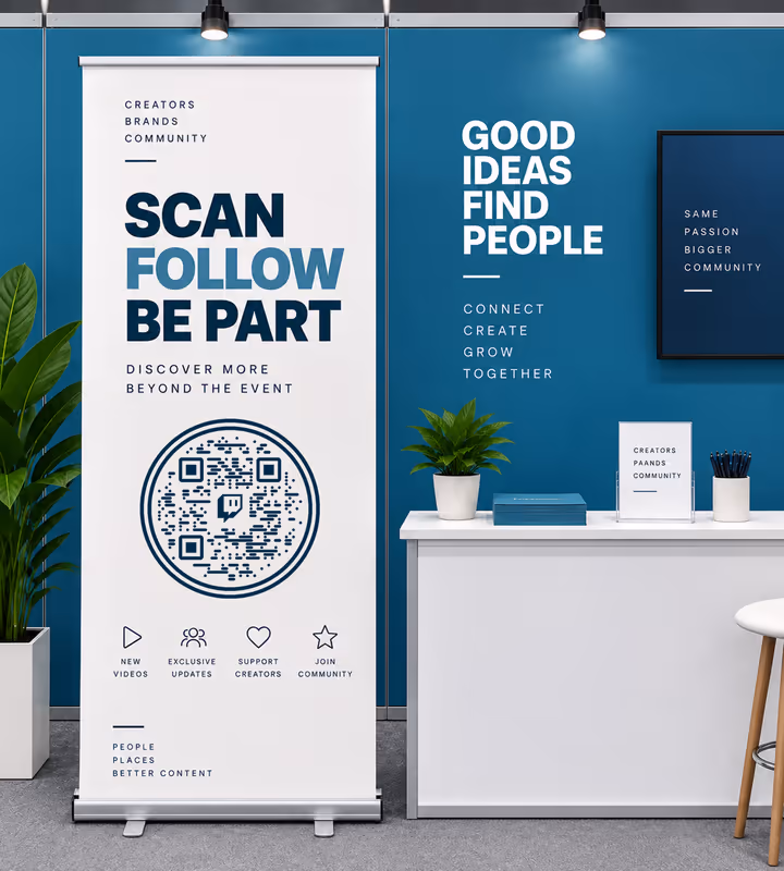 A white roll-up banner reading “Scan, follow, be part” with a blue circular QR code, at a teal expo stand with a counter