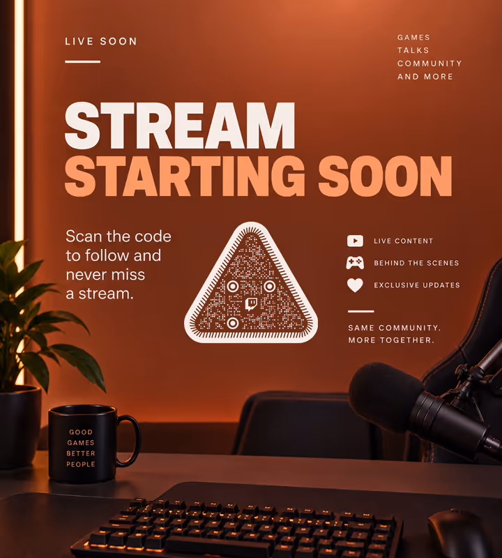 A warm orange “Stream starting soon” screen with a triangular QR code and “Scan the code to follow”, on a streaming desk with a microphone