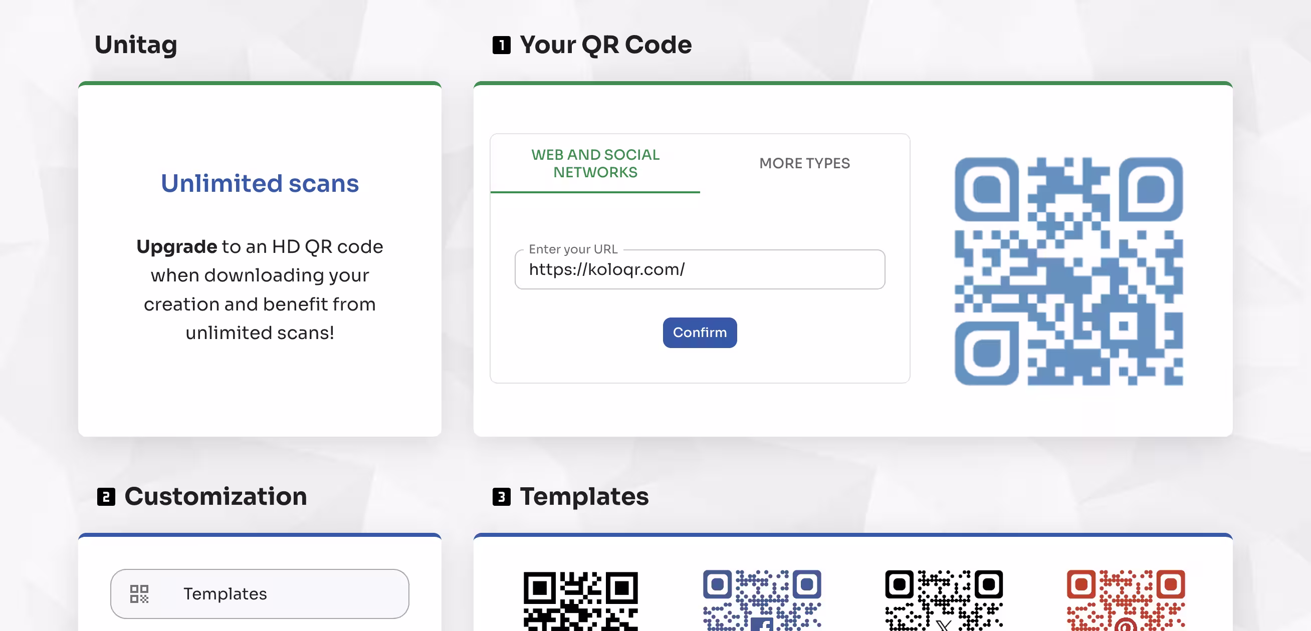 Unitag's public generator showing a blue QR code beside the URL field, with an upgrade-for-unlimited-scans panel on the left and the numbered customization and template sections below