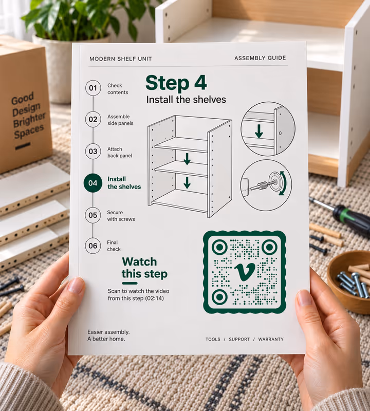 An assembly guide open at “Step 4: install the shelves” with a green square QR code and “Watch this step”, held above a half-built shelf unit