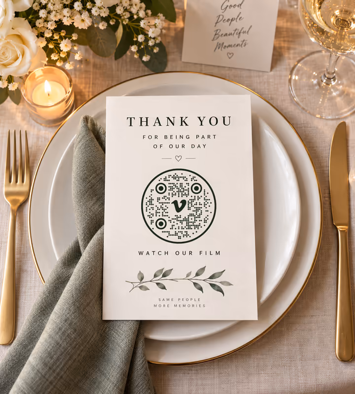 A “Thank you for being part of our day” card with a circular QR code and “Watch our film”, resting on a plate at a wedding place setting