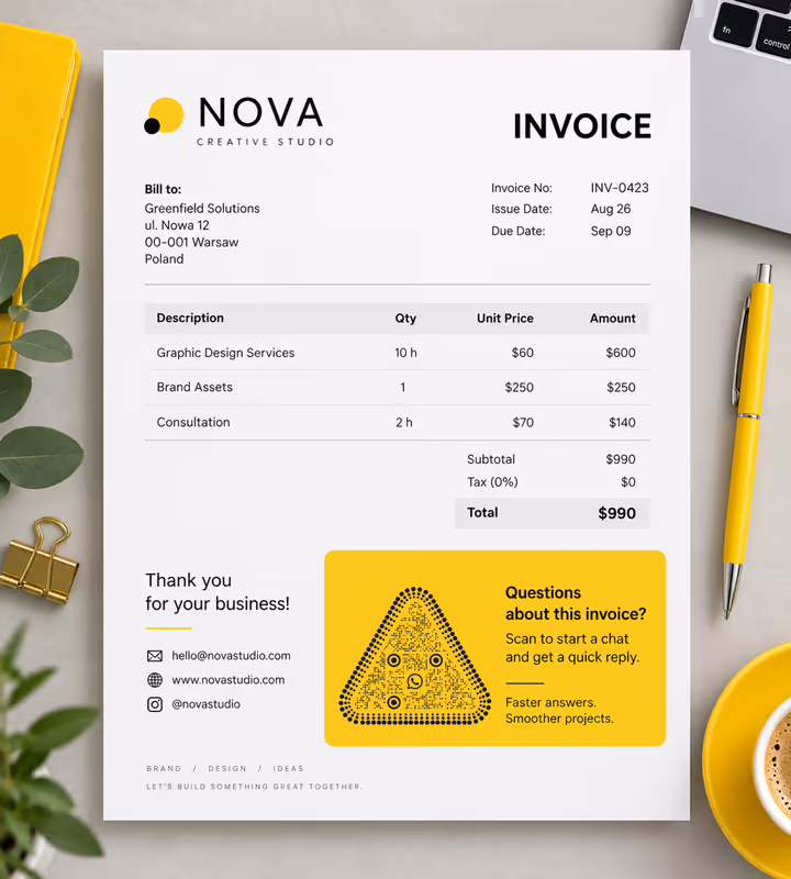 A printed invoice with a yellow panel reading “Questions about this invoice? Scan to start a chat” and a triangular QR code, on a desk with coffee and a pen