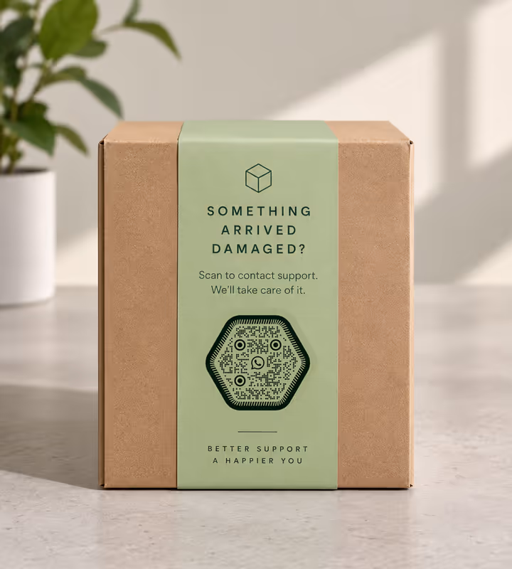 A kraft parcel with a green belly band reading “Something arrived damaged? Scan to contact support” and a hexagonal QR code