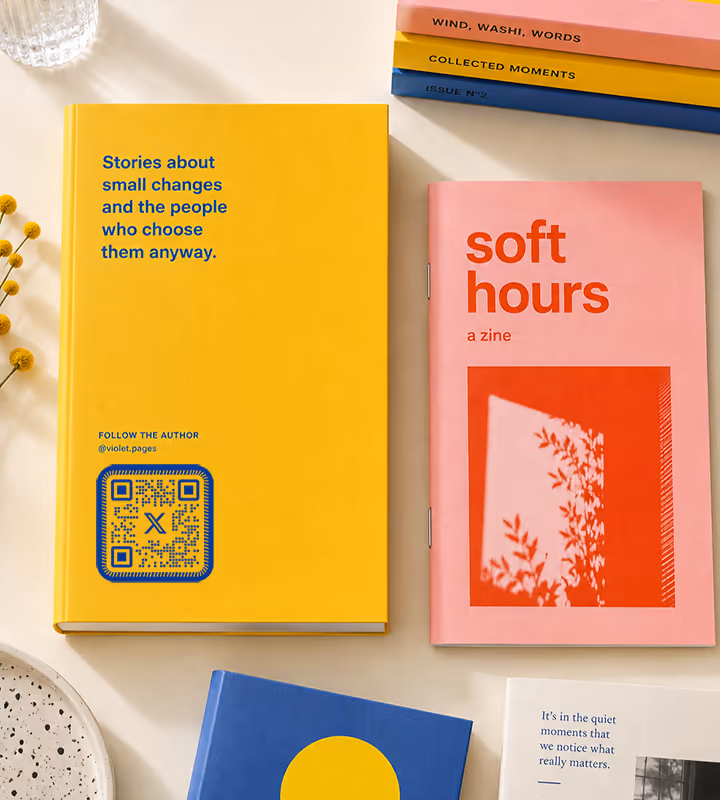 A yellow hardback with “Follow the author” and a square QR code on its cover, lying beside a pink zine and a stack of paperbacks