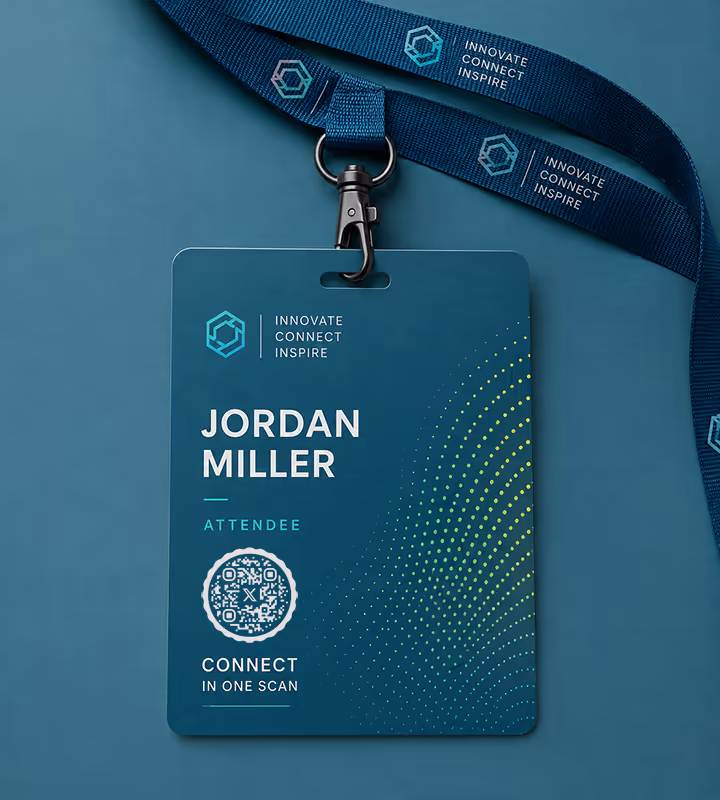 A teal conference badge on a lanyard reading “Jordan Miller - attendee, connect in one scan” with a circular QR code