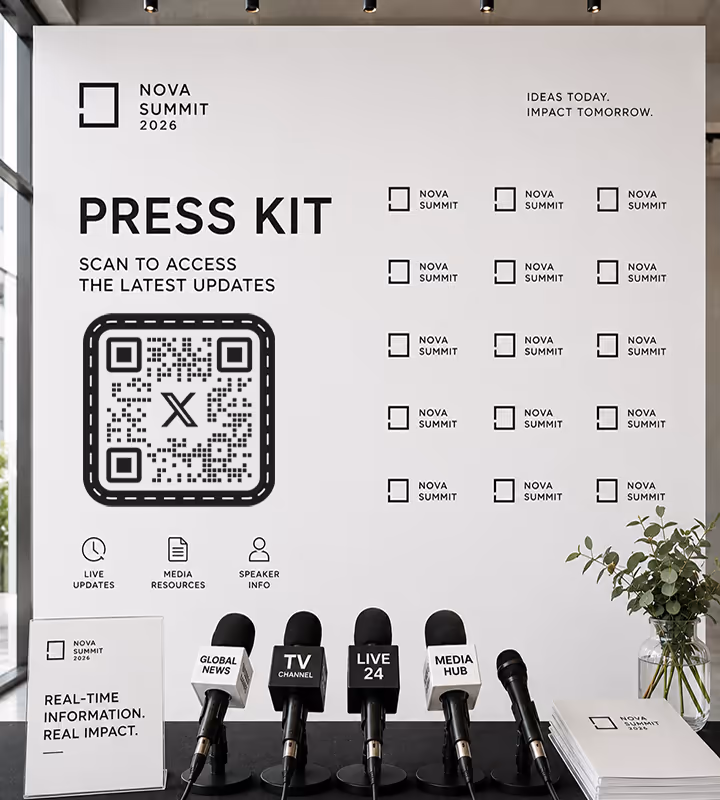 A white press wall headed “Press kit - scan to access the latest updates” with a black rounded QR code, branded microphones on the table in front