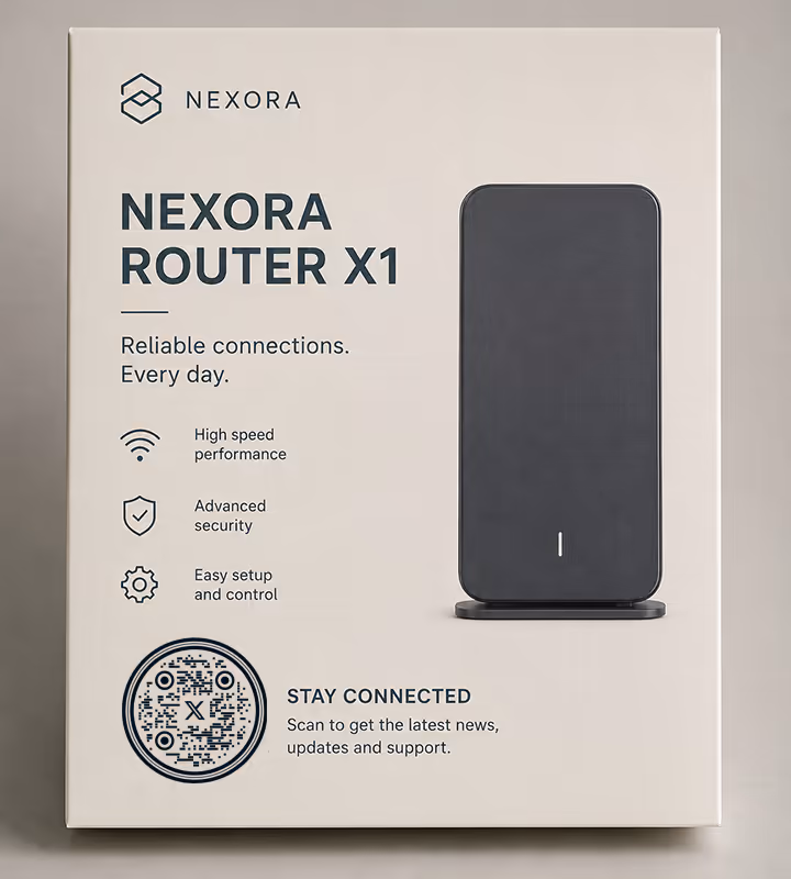 A router box with a “Stay connected - scan for the latest news, updates and support” panel and a circular QR code