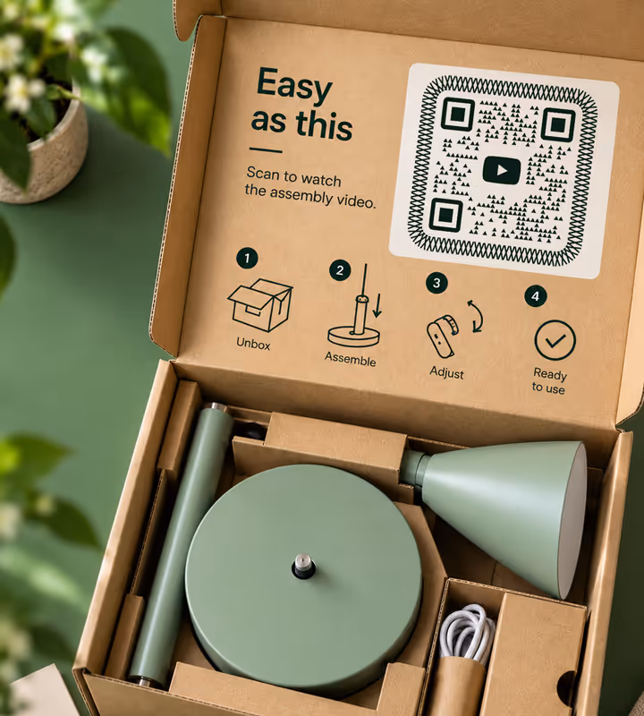 An opened kraft box lid printed “Easy as this - scan to watch the assembly video” with a black square QR code, a green lamp packed inside