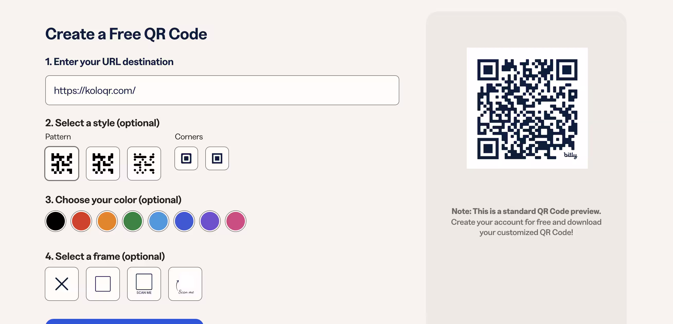 Bitly's free QR code form, with numbered steps for the URL, pattern, corner style, color and frame, beside a preview noting that downloading the customized code needs an account