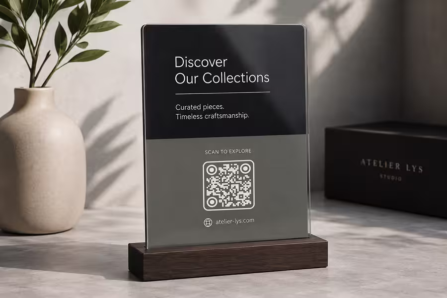 ป้ายตั้งโต๊ะอะคริลิกสีเข้ม "Atelier Lys - ค้นพบคอลเลกชันของเรา สแกนเพื่อดู" พร้อม QR Code บนฐานไม้ ข้างแจกันสีครีม