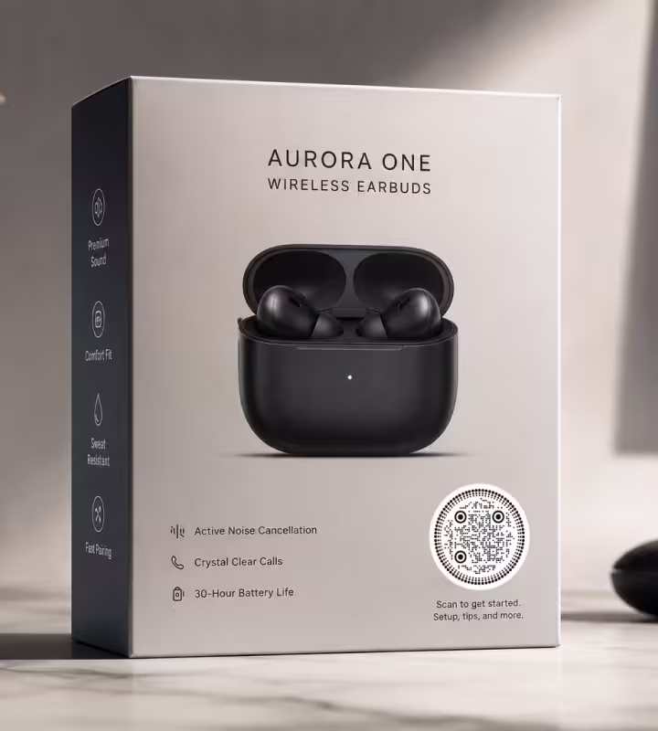 กล่องหูฟังไร้สาย Aurora One พร้อม QR Code สไตล์แบรนด์ทรงกลมสำหรับเริ่มใช้งาน บนพื้นหินอ่อน