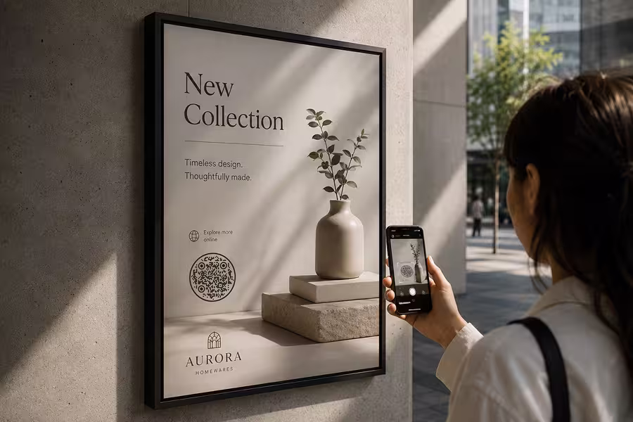 โปสเตอร์ในร้านแบบใส่กรอบ "คอลเลกชันใหม่ - ดูออนไลน์" พร้อม QR Code วงกลม ขณะผู้หญิงคนหนึ่งสแกนด้วยมือถือ