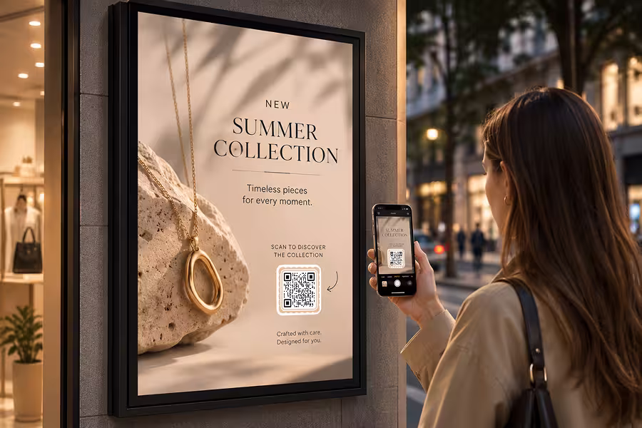 โปสเตอร์หน้าร้านแบบใส่กรอบ "คอลเลกชันฤดูร้อน - สแกนเพื่อดู" พร้อม QR Code สไตล์แบรนด์ ขณะผู้หญิงคนหนึ่งสแกนอยู่หน้าร้าน