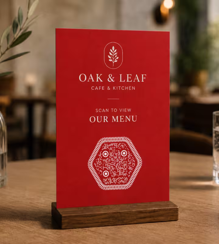 การ์ดตั้งโต๊ะสีแดง "Oak & Leaf Cafe - สแกนเพื่อดูเมนูของเรา" พร้อม QR Code สไตล์แบรนด์ทรงหกเหลี่ยม บนขาตั้งไม้