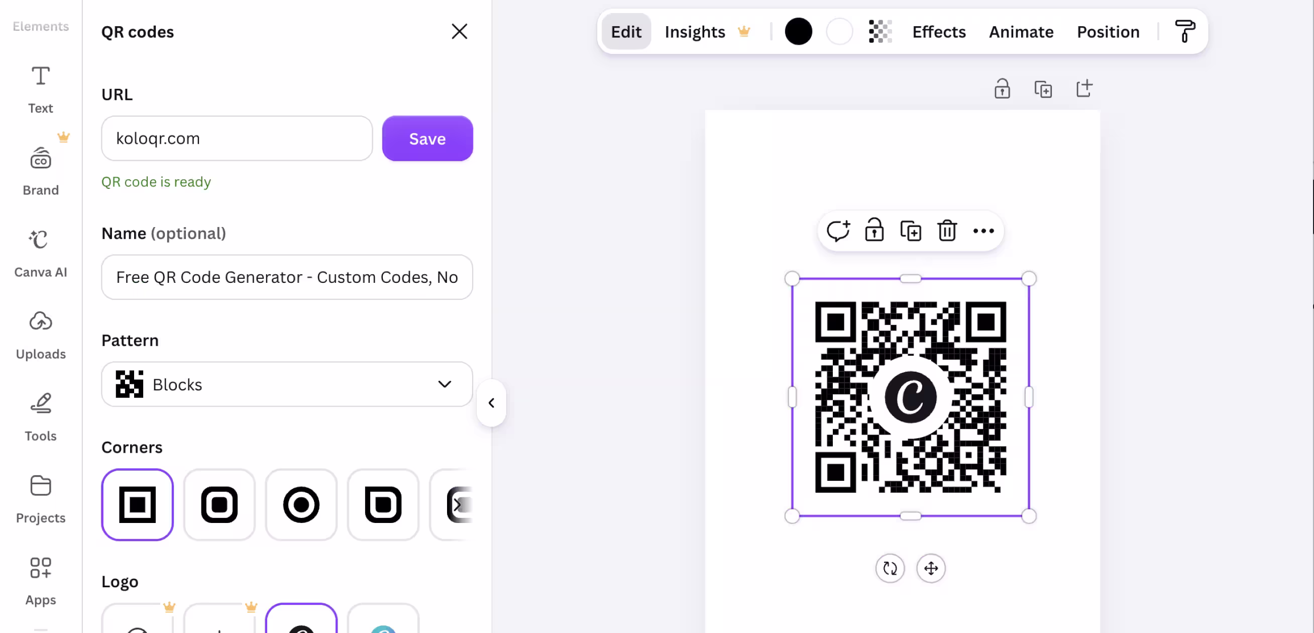 Canva's QR code app open in the editor, with URL, pattern, corner and logo controls in the side panel and a square QR code selected on the design canvas