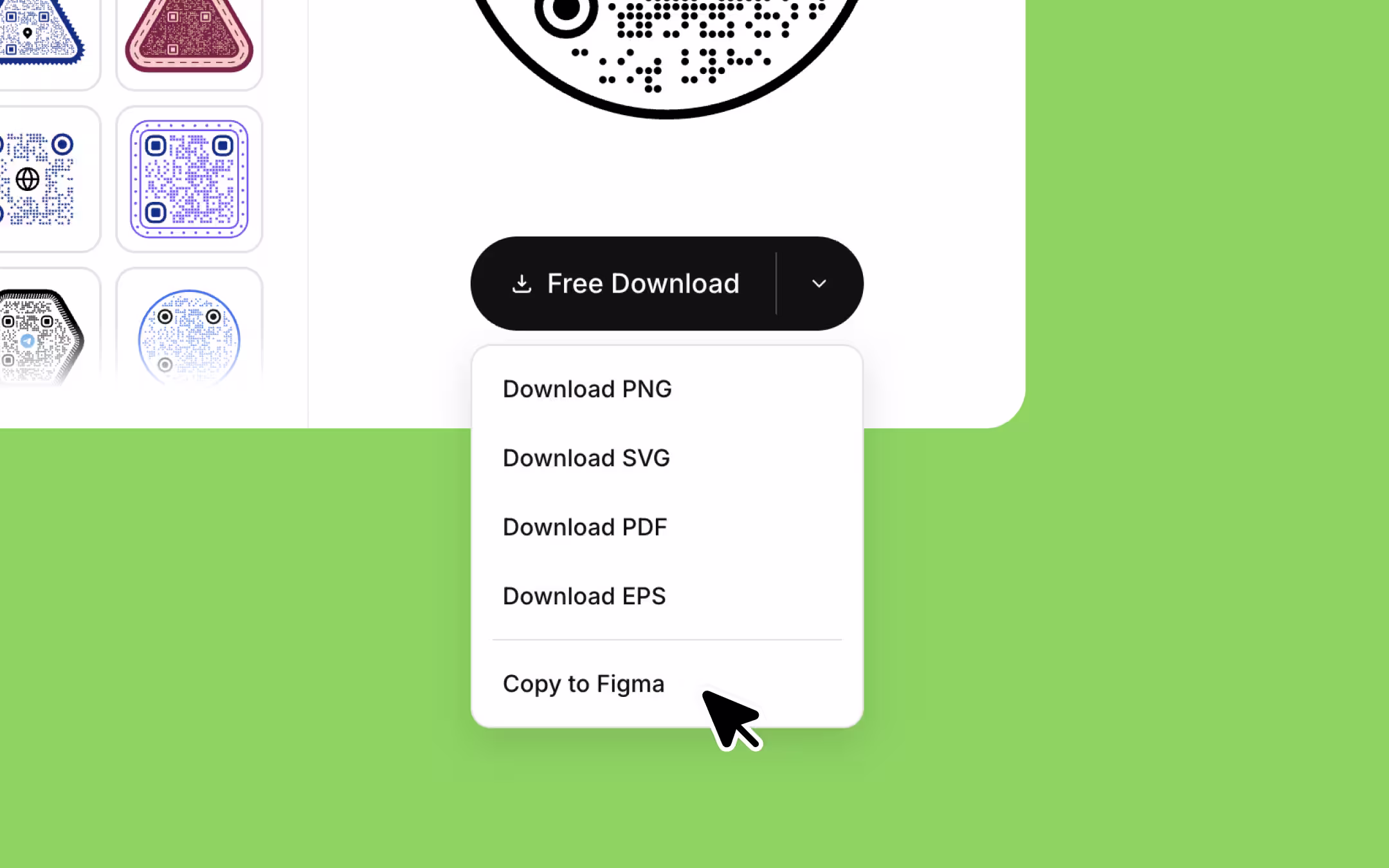 The KoloQR download menu open on the generator, with Copy to Figma listed under the PNG, SVG, PDF and EPS download options.