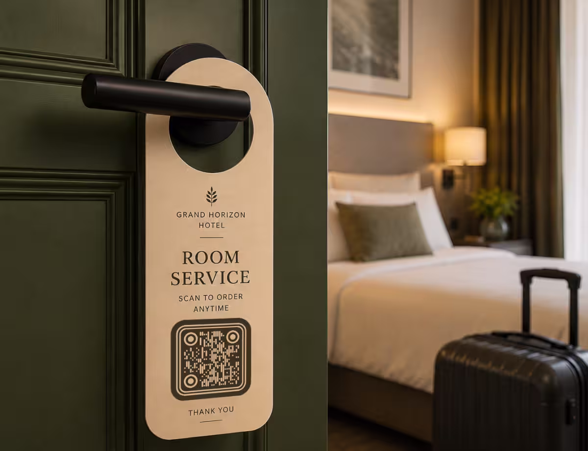 A wooden hotel door hanger reading “Room Service - scan to order anytime” with a QR code, hung on a dark door handle