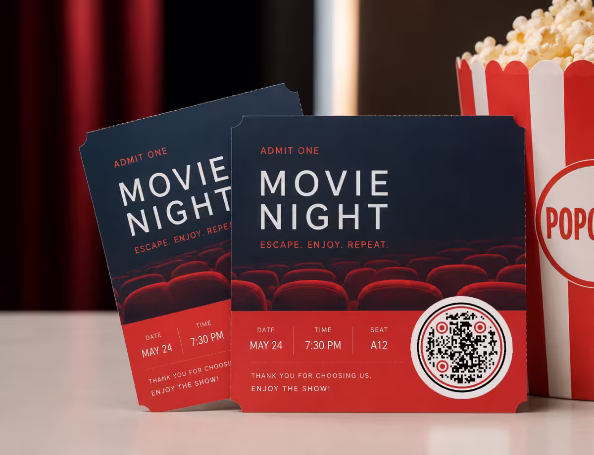 Two navy “Movie Night” cinema tickets with a red circular QR code, beside a box of popcorn